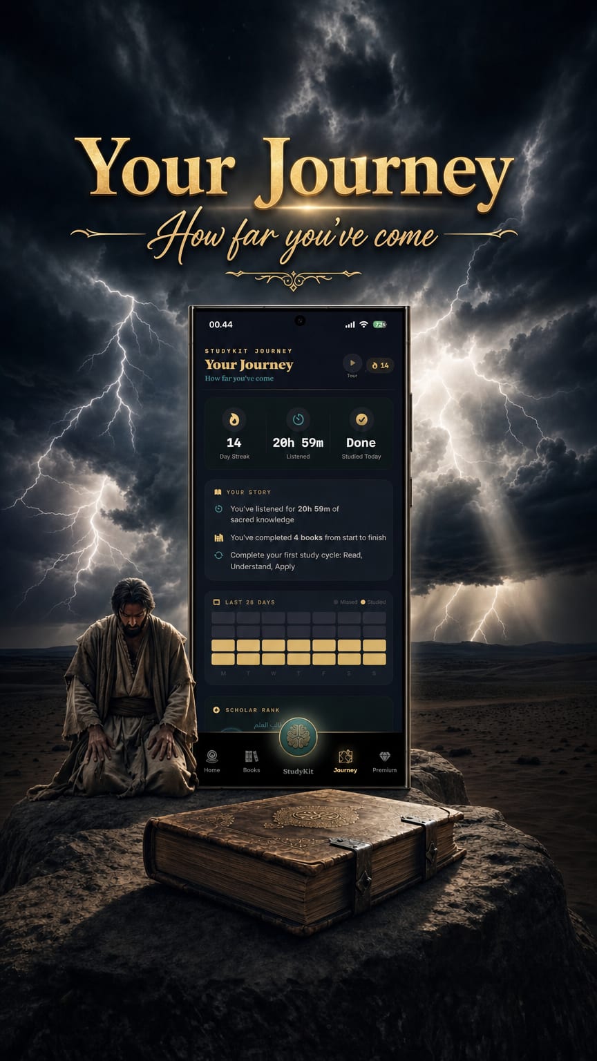 A Your Journey screen on Android showing a streak, hours listened, books completed cover to cover, and an activity grid.