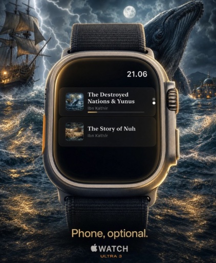 Joyful Muslims on Apple Watch — Now Playing, chapter list, and up-next queue.